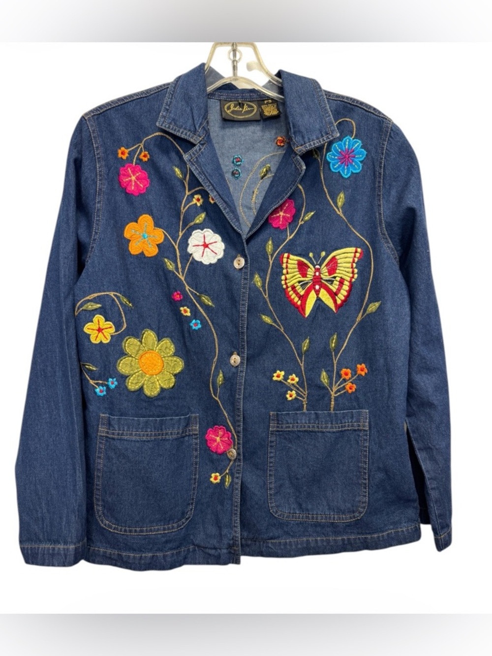 Embroidered Floral & Butterfly Denim Jacket - Blue By Julia Kim Petite Small